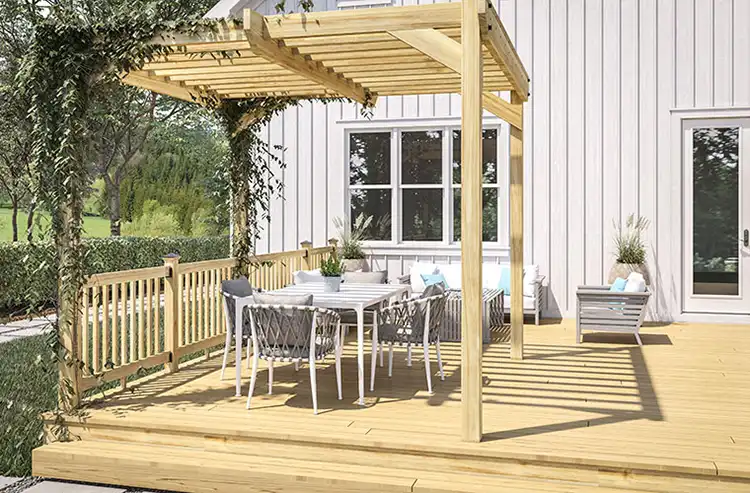 ProWood-Ground-Level-Deck-Pergola-Pressure-Treated Photo of pressure treated wood framing with pergola