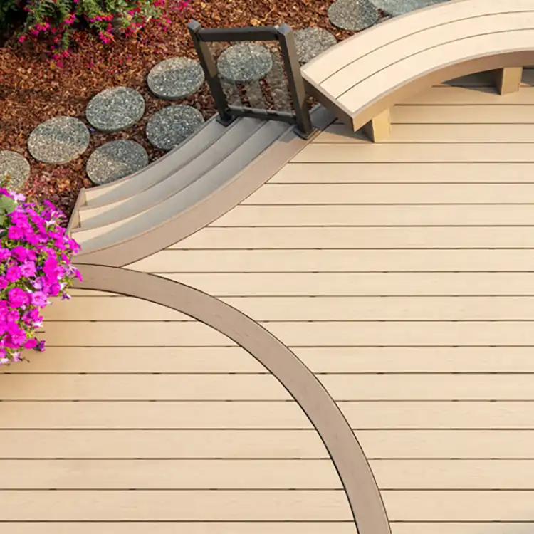 TimberTech-Brownstone-Harvest-Collection-AZEK-Decking-Beauty-Shot-012122-2 Photo of curved deck made of TimberTech Harvest Collection deck boards