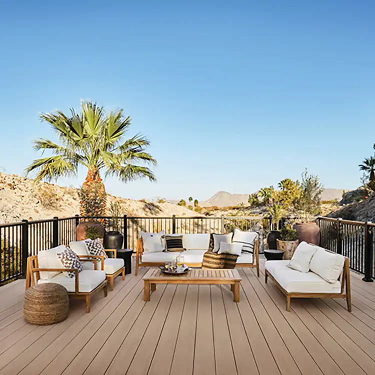 TimberTech-WeatheredTeak-Vintage-Decking-IRX-Drink-Rail-Beauty2 Photo of deck made of TimberTech Vintage Collection deck boards